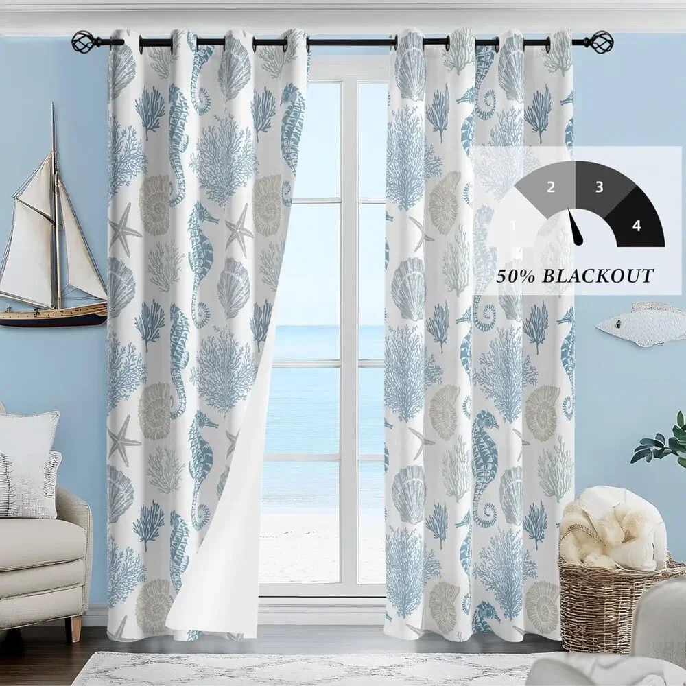 Set of 2 Panels, 52x96 Inches, Nautical Coastal Curtains (Blue and White)